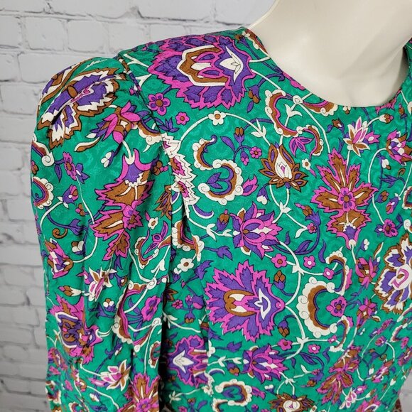 NWT VTG Richard Warren Green 100% Silk Floral Gold Button Long Sleeve Blouse 4 - Picture 11 of 16